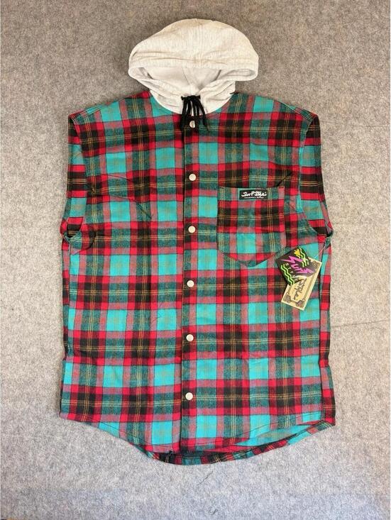 Surf Style Other - Vintage Surf Style 90s Plaid Flannel Snap Button Sleeveless Hoodie USA Large